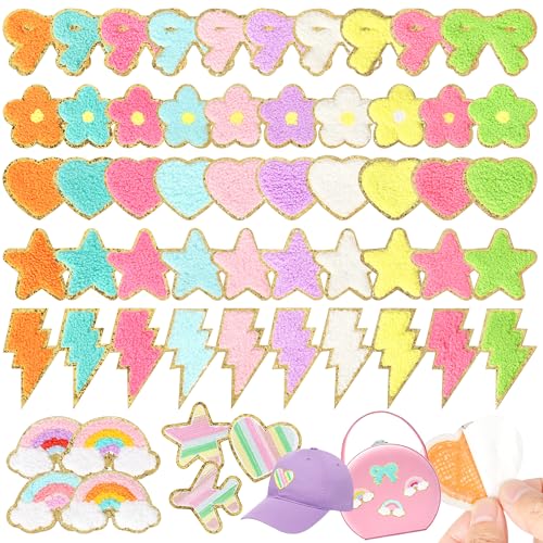 Selbstklebende Chenille-Patches für Mädchentaschen: NICEVINYL 57 Stück, mehrfarbig, Blume, Stern, Herz, niedlich, bestickt, zum Aufkleben – Beleuchtung, Regenbogen-Aufkleber, Applikation für Kleidung, von NICEVINYL