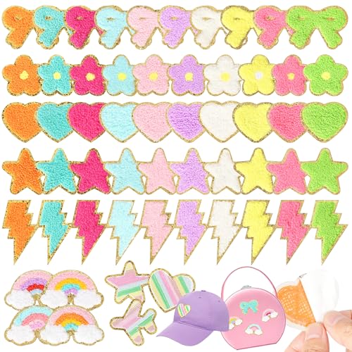 Selbstklebende Chenille-Patches für Mädchentaschen: NICEVINYL 57 Stück, mehrfarbig, Blume, Stern, Herz, niedlich, bestickt, zum Aufkleben – Beleuchtung, Regenbogen-Aufkleber, Applikation für Kleidung, von NICEVINYL