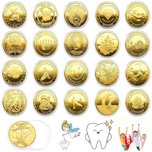 NICEWAT 20 Stück Zahnfee Münzen, Zahnfee Goldtaler mit Verschiedenen Mustern, Tooth Fairy Coins, Goldmünzen Kinder Zahnfee, Zahnfee Taler Gold, Verlorenen Zahn Kinder Zahnfee Geschenke Mädchen Junge von NICEWAT