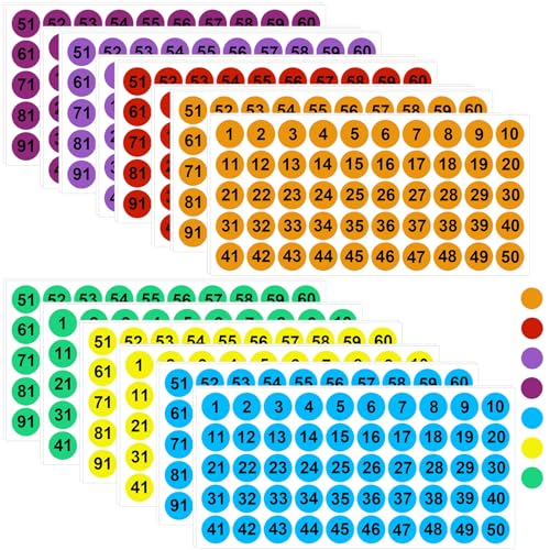 NICKLIN 28 Blatt Aufkleber Zahlen,1-100 Klein Runde Selbstklebend Sticker Anzahl,25mm Zahlen Aufkleber Klein,Nummern Aufkleber für Aufbewahrungsboxen,Schließfächer,Drinnen und Draußen(7 Farben) von NICKLIN