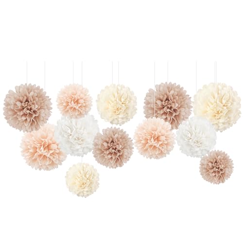 NICROHOME 12 Stück Creamy Rosa Party Deko, Ivory White Blush Seidenpapier Pompoms, Tissue Paper Papierblumen für Hochzeitsdeko, Geburtstag, Brautdusche, Babyparty, Verlobungsfeier von NICROHOME EUR