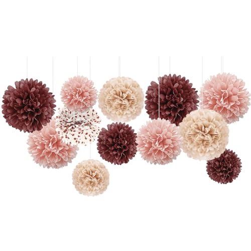 NICROHOME 12 Stück Elegante Rose Party Deko, Rosa Seidenpapier Pompoms mit Goldene Wellen Punkt, Tissue Paper Papierblumen für Hochzeitsdeko, Geburtstag, Brautdusche, Babyparty von NICROHOME EUR