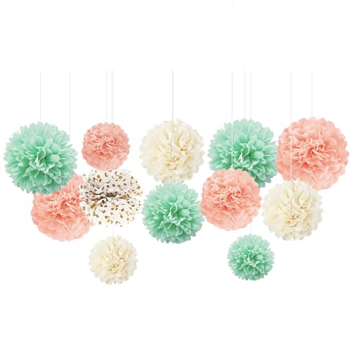 NICROHOME 12 Stück Minze Grüne Party Deko, Pfirsichrosa Seidenpapier Pompoms mit Goldene Wellen Punkt, Tissue Paper Papierblumen für Hochzeitsdeko, Geburtstag, Brautdusche, Babyparty, osterdeko von NICROHOME EUR