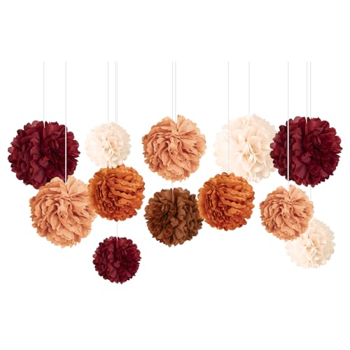 NICROHOME 12 Stück Orange Braun Party Deko, Altmodisch Rot Seidenpapier Pompoms, Tissue Paper Papierblumen für Hochzeitsdeko, Geburtstag, Brautdusche, Babyparty, Verlobungsfeier, Retro Party von NICROHOME EUR