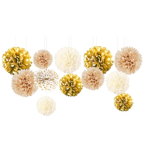 NICROHOME 12 Stück Weiß Gold Party Deko, Champagner Seidenpapier Pompoms, Tissue Paper Papierblumen für Hochzeitsdeko, Geburtstag, Brautdusche, Verlobungsfeier, Silvester Happy New Year Deko von NICROHOME EUR