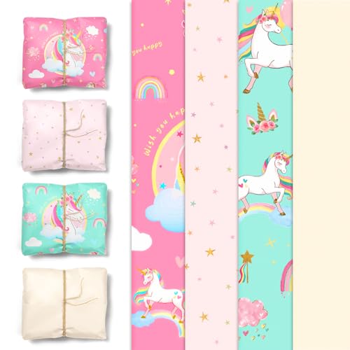 NICROHOME 24 Blätter Einhorn Geschenkpapier Einschulung, Regenbogen rosa Verpackung Seidenpapier für Weihnachten Geburtstag Mädchen Einhorn Geburtstag Party Dekorationen（15 x 20Inch） von NICROHOME EUR