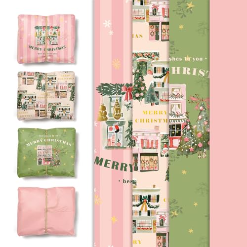 NICROHOME 24 Blatt Weihnachten Geschenkpapier, Salbeigrünes Rosa Seidenpapier mit Weihnachtsbaumhaus-Schneemannsocken-Muster, Geschenkpapier für kleine Geschenke für Weihnachtsfeiern (15 x 20 Zoll) von NICROHOME EUR