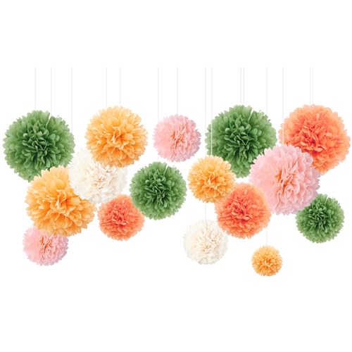 NICROHOME Gartenparty Deko Draußen, 16 Stück Helles Orange Seidenpapier Pompoms, Tissue Paper Papierblumen für Hochzeitsdeko, Geburtstag, Salbeigrün Deko, Verlobung, Babyparty, Brautparty von NICROHOME EUR