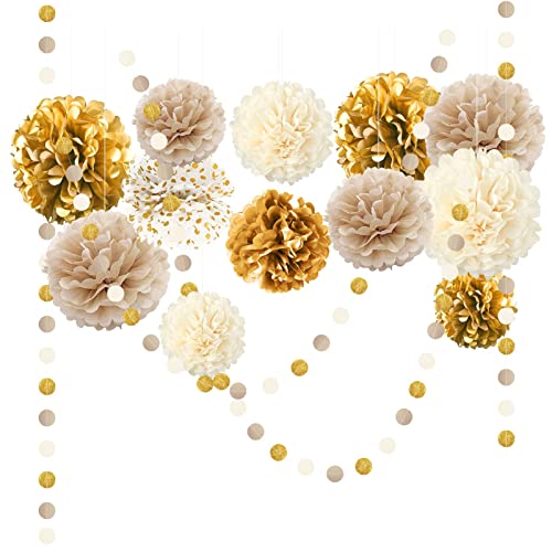 Nicrohome 15PCS Pompoms Dekoration, Seidenpapier Pompons, Gepunktete Papiergirlande, Schnur, hängende Hintergrund für Verlobung, Goldene Hochzeit Deko, Happy New Year Silvester Deko von NICROHOME EUR