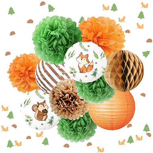 NICROLANDEE 12 Stück Waldtier-Papierlaternen, Seidenpapier, Pom Poms, Tischkonfetti 50g für Deko 1. Geburtstag Junge Safari, Kinder Junge Mädchen Wild One Geburtstag Deko, Dschungeltier-Party von NICROLANDEE