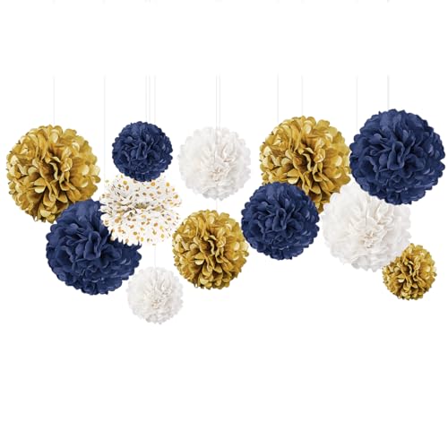 NICROLANDEE Hochzeits-Party-Dekorationen – 12 Stück marineblaue und goldene Seidenpapier-Pompons für Baby- und Brautparty, Geburtstag, Junggesellinnenabschied, Abschlussfeier, Jubiläumsfeier von NICROLANDEE