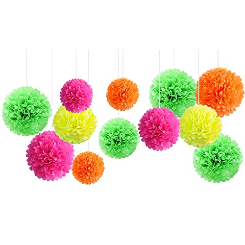 NICROLANDEE Schwarzlicht Party deko – 12 Stück fluoreszierende Neon Seidenpapier Pom Poms für Geburtstag, Hochzeit, Babyparty, Fluoreszierendes deko, Neon deko schwarzlicht Party von NICROLANDEE