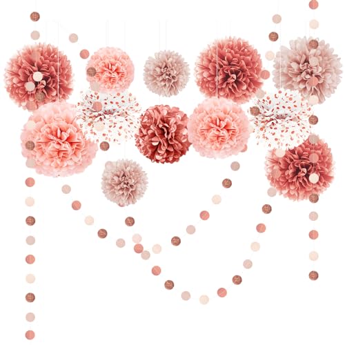 NICROLANDEE Seidenpapier Pompons Deko 15 Stück, Roségold Tissue Papier Pom Poms und Dots Papier Girlande, Party Dekorationen für Valentinstag Hochzeit, Babyparty Deko, Abschlussball, Gartenparty Deko von NICROLANDEE