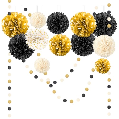 NICROLANDEE Seidenpapier Pompons Deko 15 Stück, Schwarzes Gold Tissue Papier Pom Poms und Dots Papier Girlande, Party Dekorationen für Hochzeit, Abschlussball, Silvester Deko 2025 von NICROLANDEE