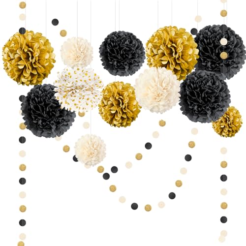 NICROLANDEE Seidenpapier Pompons Deko 15 Stück, Schwarzes Gold Tissue Papier Pom Poms und Dots Papier Girlande, Party Dekorationen für Hochzeit, Abschlussball, Silvester Deko 2025 von NICROLANDEE