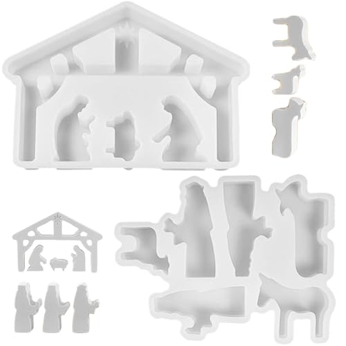 2 PCs/Set Weihnachten Silikonformen hitzebeständige Krippe Set Silikonformen Nicht-Stick-Easy-Pflege-Kerzenformen für DIY-Crafting-Harzkunstputz, Betonstatue-Formen von NIDONE