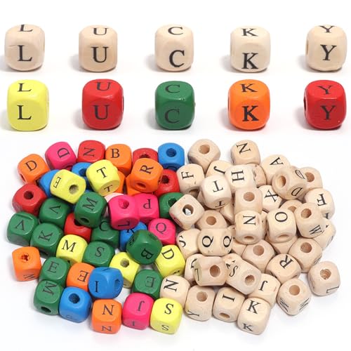 200 pcs Holz Alphabet Perlen Naturholz Alphabet Perlen Würfel zufällige gemischte Alphabet gemischte große Lochperlen 10 x 10 x 10 mm für DIY -Armbänder Halsketten Ohrringe Bastel Schmuck Herstellung von NIDONE