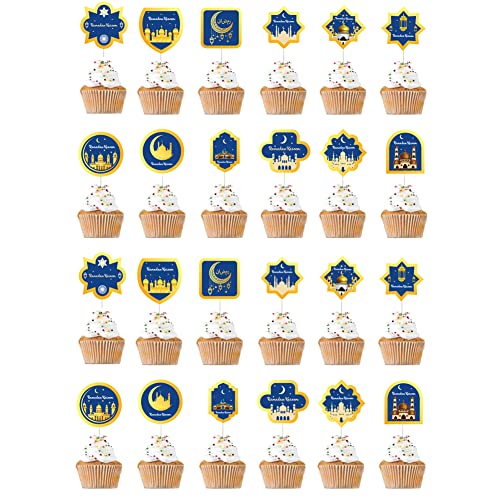 NIDONE 24 Stück Ramadan Kareem Cupcake Toppers Mond Stern Moschee Kuchen Toppers Eid Mubarak Party Dekorationen muslimischen islamischen Party Supplies von NIDONE