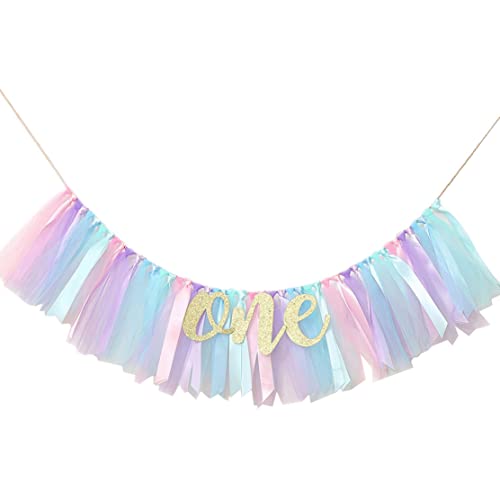 Erste Geburtstagsdekorationen für Mädchen Baby Girl Banner zum 1. Geburtstag - Hochstuhl -Banner für die erste Geburtstagsdekoration, Cake Smash Photo Requisite, Tulle Garland Banner (helles Aqua und von NIDONE