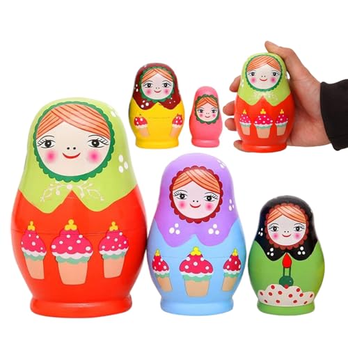 NIDONE 1 Set Nisting Dolls, 5 Schicht Russische Nistpuppen, farbenfrohe Mädchenmuster Matryoshka -Puppe, Glatte Holznistpuppen für Kinder, Heimatkoration von NIDONE