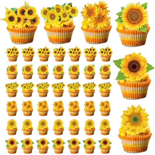 Sunflower Cupcake Toppers, 48pcs 6 Styles Sonnenblumenkuchen -Topper, einfach zu verwenden gebrannte sich Cupcake Topper für Themenbithagentday -Schulparty, Sunflower Cake Toper von NIDONE