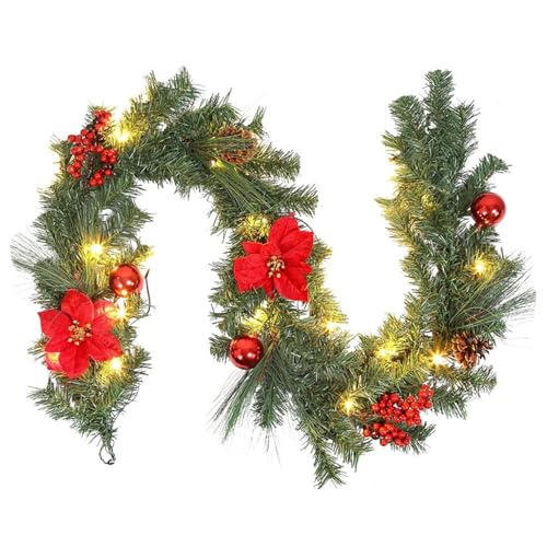 Weihnachtsgirlande, 9ft 50LED Prelit Weihnachtsgirlande, künstlich beleuchtete Girlande mit roten Blumen, Weihnachtsbällchen ＆ rote Beeren, batteriebetriebene Weihnachtsgirlande für Mantel, Prelit Ch von NIDONE