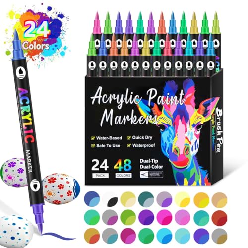 24 Stück Acrylstifte für Steine, 48 Farben Doppel Weichenkopf Wasserfest Acrylic Paint Marker Stifte Steine Bemalen Multimarker Acryl für Glas, Holz, Keramik, Leinwand, Basteln Ostern und Weihnachten von NIEEKRUN