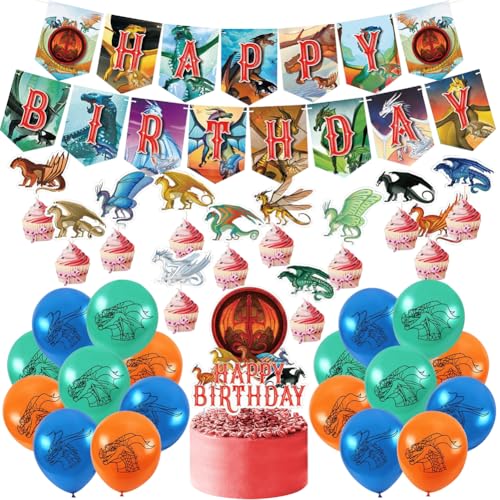 32 Stück Drachen Geburtstag Deko, Dragon Luftballon Tortendeko Happy Birthday Banner Drachen Geburtstag, Drachen Thema Fantasy Partyzubehör Drache Geburtstag Banner für Kindergeburtstag Party Deko von NIEEKRUN