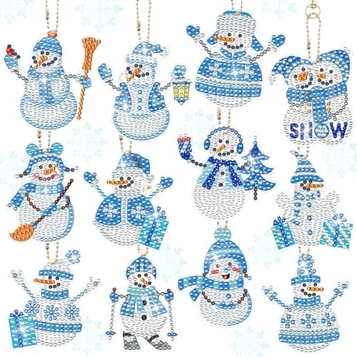 NIEEKRUN 12 Stück Schneemann Diamant Painting Weihnachtsdeko, Beidseitig DIY Diamond Painting Schlüsselanhänger Set, Kinder Weihnachtsbasteln von NIEEKRUN