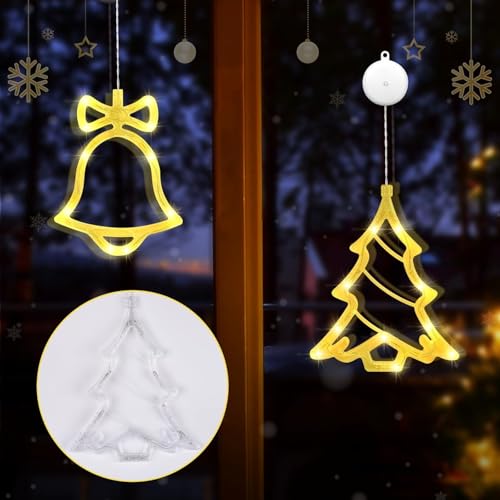 NIEEKRUN 2er Set LED Weihnachtsbeleuchtung - Weihnachtsbaum und Glocken, 10 LEDs mit Saugnapf pro Lichterkette, Warmweiße Weihnachtsdeko für Fenster, Party, Innen- und Außenbereich, Balkon von NIEEKRUN