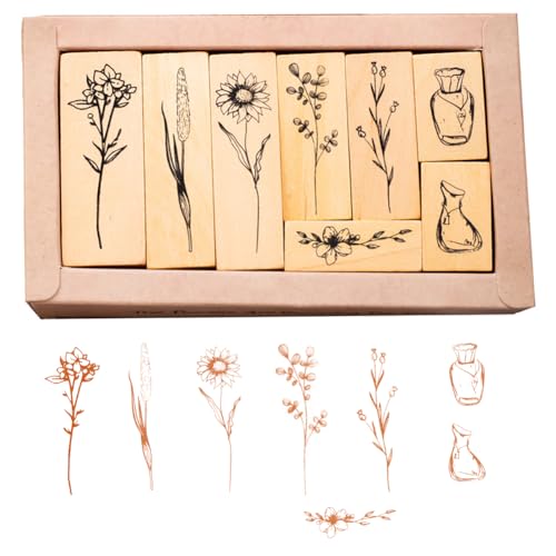 NIEEKRUN 8Pcs Stempel Holz Blumen Holzstempel zum Basteln Vintage Pflanzen Motivstempel Set Klein für Kartenbasteln Scrapbooking Bullet Journal Geschenkverpackung von NIEEKRUN