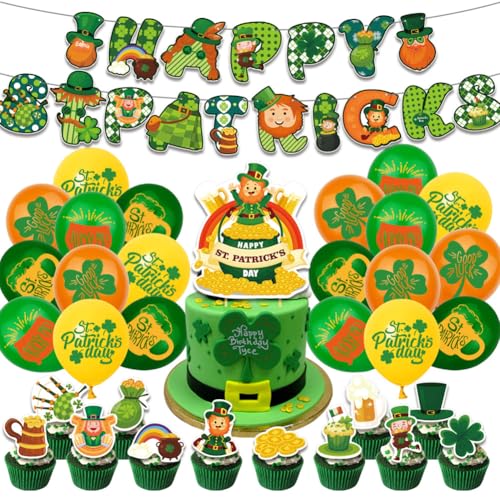 St Patricks Party Dekorationen St Patricks Tag Zubehör Banner Ballons Kuchen Topper für Irish Festival St Patrick Party Glücklicher Tag Zuhause Indoor Outdoor Party Favors Supplies (34 pcs) von NIEEKRUN