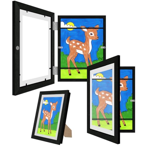 2 Stück Bilderrahmen Kinderzeichnungen A4 mit Verstellbarer Halterung,Bilderrahmen zum Befüllen für 150 A4 Papier,Photo Storage Box für Kunstzeichnungen für Kinder, Art Frame Frontöffnung (Schwarz) von NIHESIM