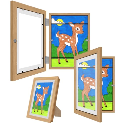 2 Stück Bilderrahmen Kinderzeichnungen A4 mit Verstellbarer Halterung,Bilderrahmen zum Befüllen für 150 A4 Papier,Photo Storage Box für Kunstzeichnungen für Kinder, Art Frame Frontöffnung (Holz) von NIHESIM