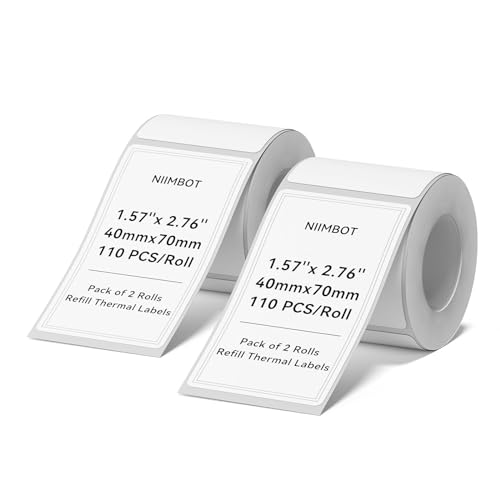 NIIMBOT Etiketten für B1, B21, B3S, K3, 40 x 70 mm, wasserdicht, öl- und reißfest, für Thermodrucker, Schwarz auf Weiß, 2 Rollen von NIIMBOT