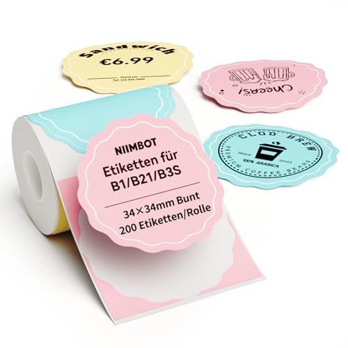 NIIMBOT Etiketten Selbstklebender Etikettenband für B1 B21 B3S Etikettendrucker, 34 x 34mm 200 Etiketten/Rolle, Thermo-Etikettenband für Supermärkte, Einzelhandel, Büro, Bunt von NIIMBOT