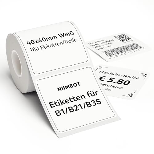 NIIMBOT Etiketten Selbstklebender Etikettenband für B1 B21 B3S Etikettendrucker, 40 x 40mm 180 Etiketten/Rolle, 1 Rolle Thermo-Etikettenband für Supermärkte, Einzelhandel, Büro, Weiß von NIIMBOT