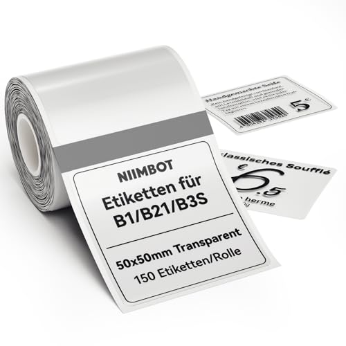 NIIMBOT Etiketten Selbstklebender Etikettenband für B1 B21 B3S Etikettendrucker, 50 x 50mm 150 Etiketten/Rolle, 1 Rolle Thermo-Etikettenband für Supermärkte, Einzelhandel, Büro, Transparent von NIIMBOT