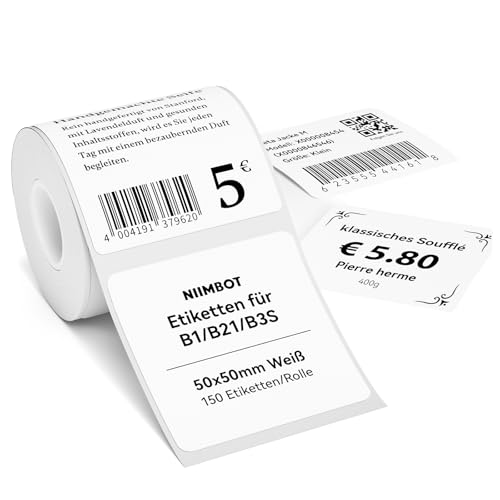 NIIMBOT Etiketten Selbstklebender Etikettenband für B1 B21 B3S Etikettendrucker, 50 x 50mm 150 Etiketten/Rolle, 1 Rolle Thermo-Etikettenband für Supermärkte, Einzelhandel, Büro, Weiß von NIIMBOT