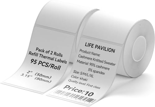 NIIMBOT Etiketten Selbstklebender Etikettenband für B21/ B1/ B3S Etikettendrucker, 50 x 80 mm, 2 Rollen Thermo-Etikettenband für Home-Office-Etikettenbänder, 95 Etiketten/Rolle, Weiß von NIIMBOT