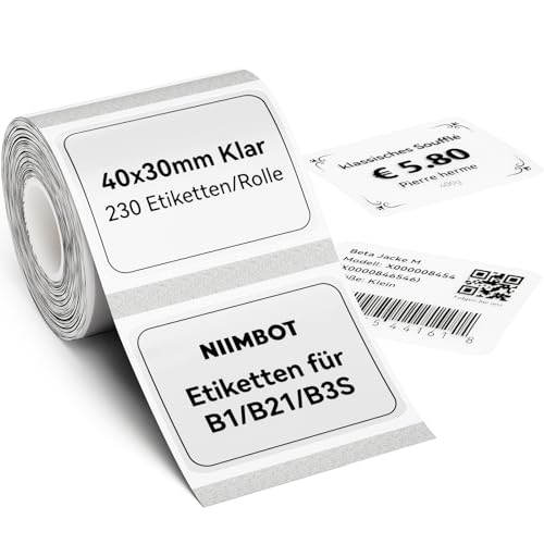 NIIMBOT Etiketten Selbstklebender Etikettenband für B1 / B21 / B3S Etikettendrucker, 40 x 30mm 230 Etiketten/Rolle, 1 Rolle Thermo-Etikettenband für Supermärkte, Einzelhandel, Büro, Klar von NIIMBOT