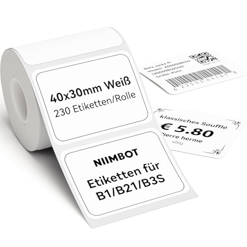 NIIMBOT Etiketten Selbstklebender Etikettenband für B1 / B21 / B3S Etikettendrucker, 40 x 30mm 230 Etiketten/Rolle, 1 Rolle Thermo-Etikettenband für Supermärkte, Einzelhandel, Büro, Weiß von NIIMBOT