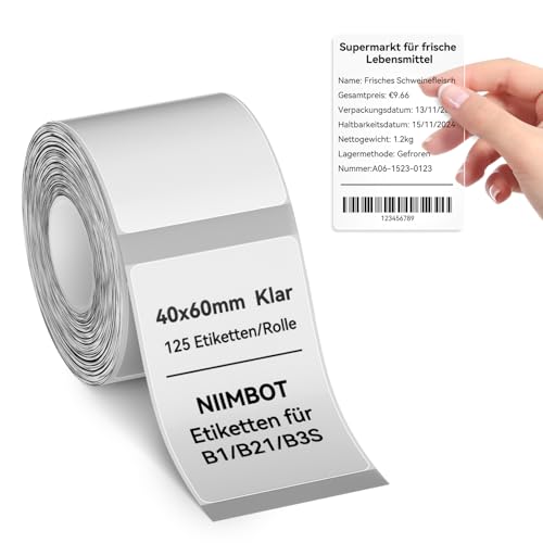 NIIMBOT Etiketten Selbstklebender Etikettenband für B1 / B21 / B3S Etikettendrucker, 40 x 60mm 125 Etiketten/Rolle, 1 Rolle Thermo-Etikettenband für Supermärkte, Einzelhandel, Büro, Klar, Transparent von NIIMBOT