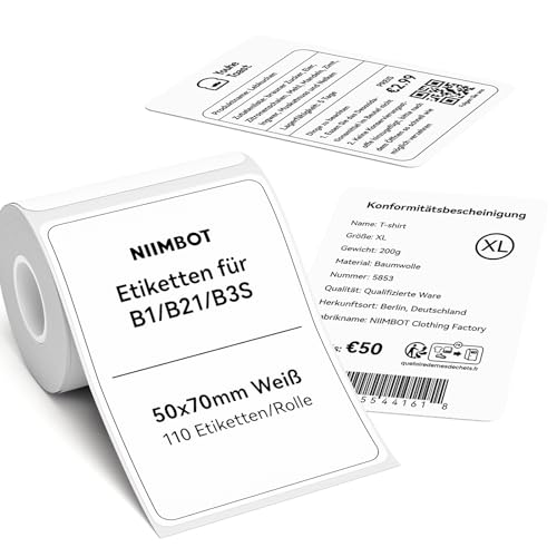 NIIMBOT Etiketten Selbstklebender Etikettenband für B1 / B21 / B3S Etikettendrucker, 50 x 70mm 110 Etiketten/Rolle, 1 Rolle Thermo-Etikettenband für Supermärkte, Einzelhandel, Büro, Weiß von NIIMBOT