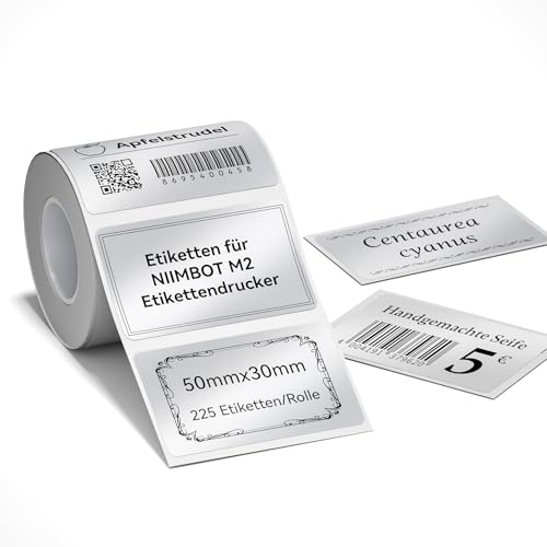 NIIMBOT M2 Thermotransfer-Etiketten 50x30 mm, Selbstklebendes Etikettenband nur für M2 Etikettendrucker, PET Material, wasserdicht und hochtemperaturbeständig,225 Etiketten/Rolle, Silver von NIIMBOT