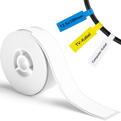 NIIMBOT Kabel Etiketten, Selbstklebender Etikettenband für D110 D11 D101 Etikettendrucker, 12.5mm x 109mm 65 Etiketten/Rolle, 1 Rolle Thermo-Etikettenband für Zuhause, Büro, Schule, Weiß von NIIMBOT