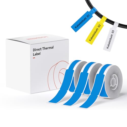 NIIMBOT Thermo Kabeletiketten, 12.5 x 109mm Etikettendrucker Thermo Papier Kompatibel mit dem D110 D11 D101 H1S Etikettendrucker, 65 Etiketten/Rolle (3-Rollen-Pack) (Blau) von NIIMBOT