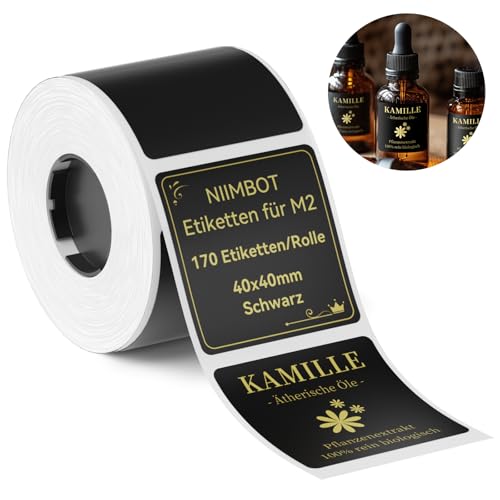 NIIMBOT Thermotransfer-Etiketten, 40x40mm Selbstklebendes Etikettenband nur für M2 Etikettendrucker, Wasserdicht, Hohe und niedrige Temperaturbeständigkeit Etiketten für Büros, Außenanlagen, Schwarz von NIIMBOT