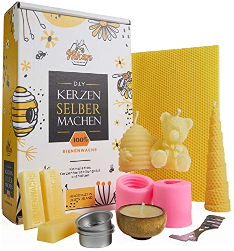 NIKAN Kerzen Selber Machen Set Kinder & Erwachsene Bienenwachs 100% Natürlich - Bienenwachskerzen Bastelset - Kerzenwachs, Kerzendocht, Silikonform Kerze, Kerzenwachs zum Gießen - DIY Kerzen Set von NIKAN