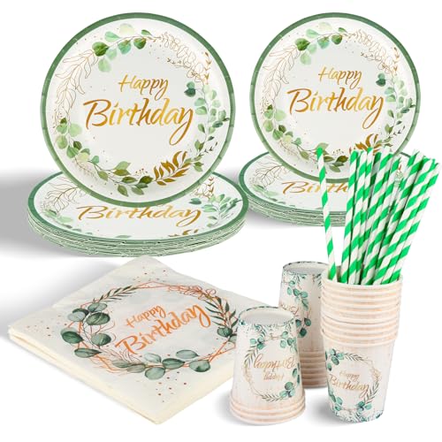 NIKUNX 100 Stück Babyparty Geschirrset Grün, 40 Stück Green Baby Shower Pappteller (7/9 in), Grün Partygeschirr Set (mit Pappteller, Tassen, Servietten, Strohhalme) für Geburtstagsfeier von NIKUNX